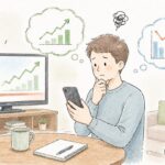 뉴스 화면과 스마트폰을 보며 시장 지수와 내 종목의 차이를 고민하는 초보 투자자 일러스트