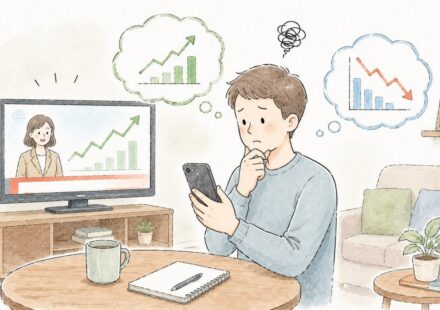 뉴스 화면과 스마트폰을 보며 시장 지수와 내 종목의 차이를 고민하는 초보 투자자 일러스트