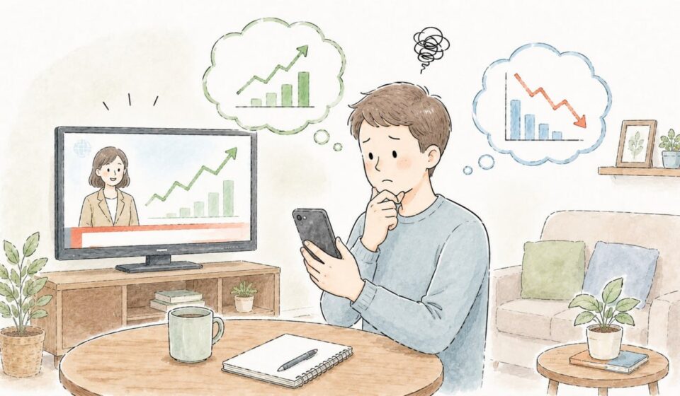 뉴스 화면과 스마트폰을 보며 시장 지수와 내 종목의 차이를 고민하는 초보 투자자 일러스트