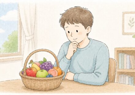 여러 과일이 담긴 장바구니를 바라보며 ETF 개념을 생각하는 초보 투자자 일러스트