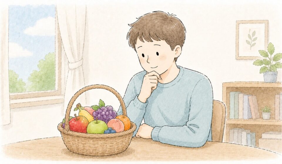 여러 과일이 담긴 장바구니를 바라보며 ETF 개념을 생각하는 초보 투자자 일러스트