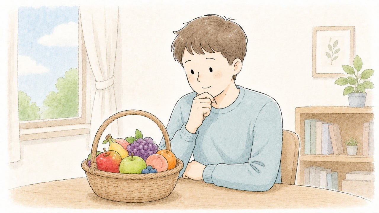 여러 과일이 담긴 장바구니를 바라보며 ETF 개념을 생각하는 초보 투자자 일러스트