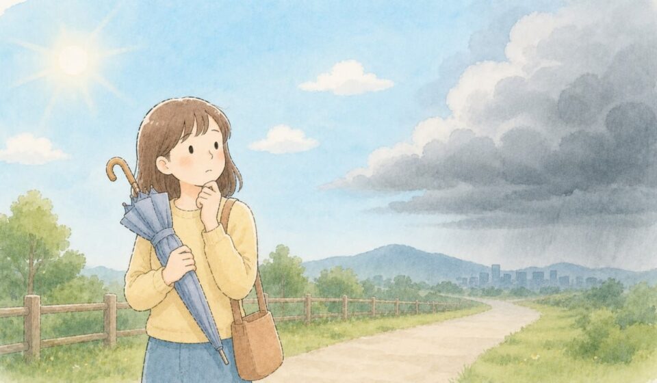 맑은 날 접힌 우산을 들고 멀리 먹구름을 바라보는 초보 투자자 일러스트