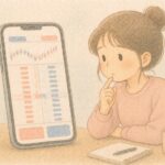 주식 주문 화면의 호가 숫자 줄을 바라보는 초보 투자자 일러스트
