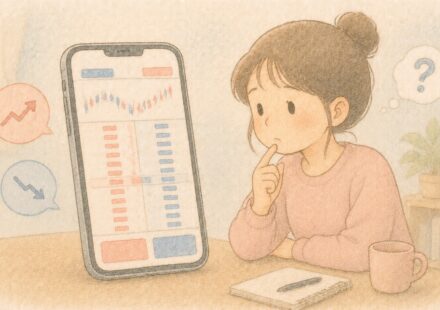 주식 주문 화면의 호가 숫자 줄을 바라보는 초보 투자자 일러스트