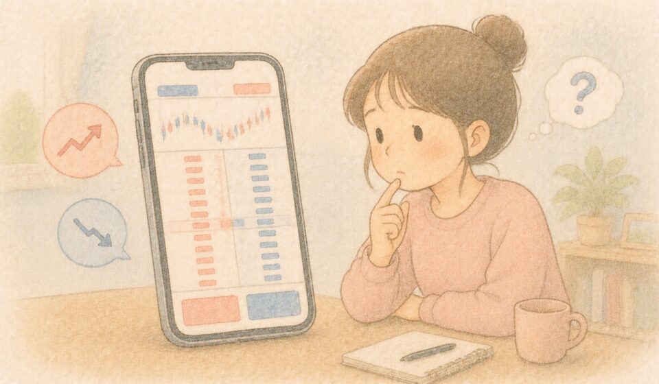 주식 주문 화면의 호가 숫자 줄을 바라보는 초보 투자자 일러스트