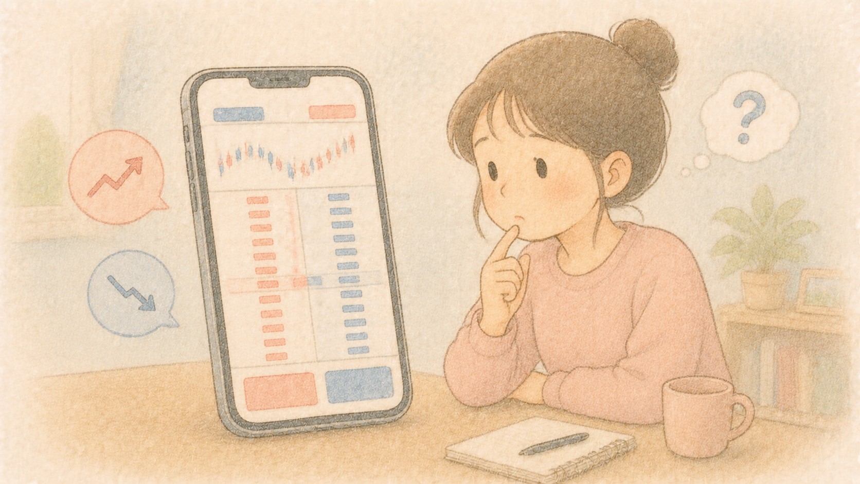 주식 주문 화면의 호가 숫자 줄을 바라보는 초보 투자자 일러스트