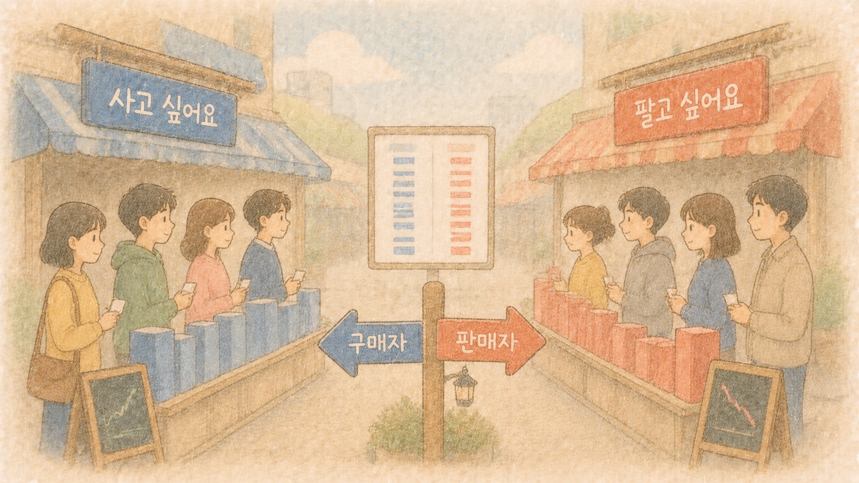 시장 골목에서 구매자와 판매자가 서로 다른 줄에 서 있는 일러스트
