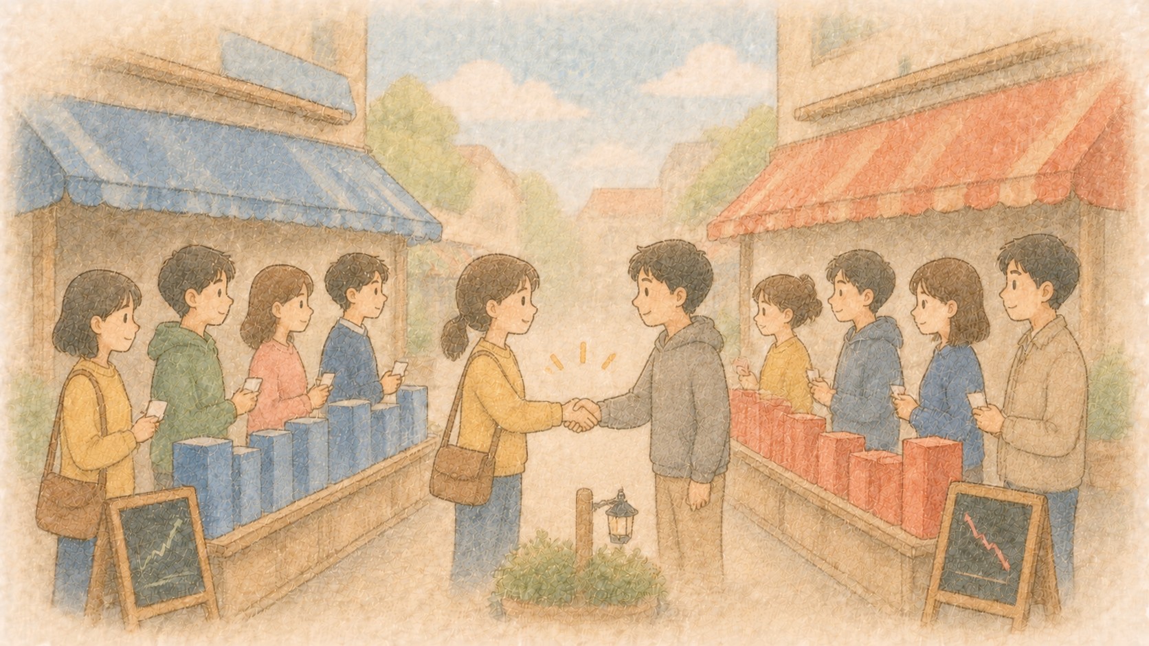 구매자와 판매자가 가운데에서 만나 거래가 체결되는 일러스트