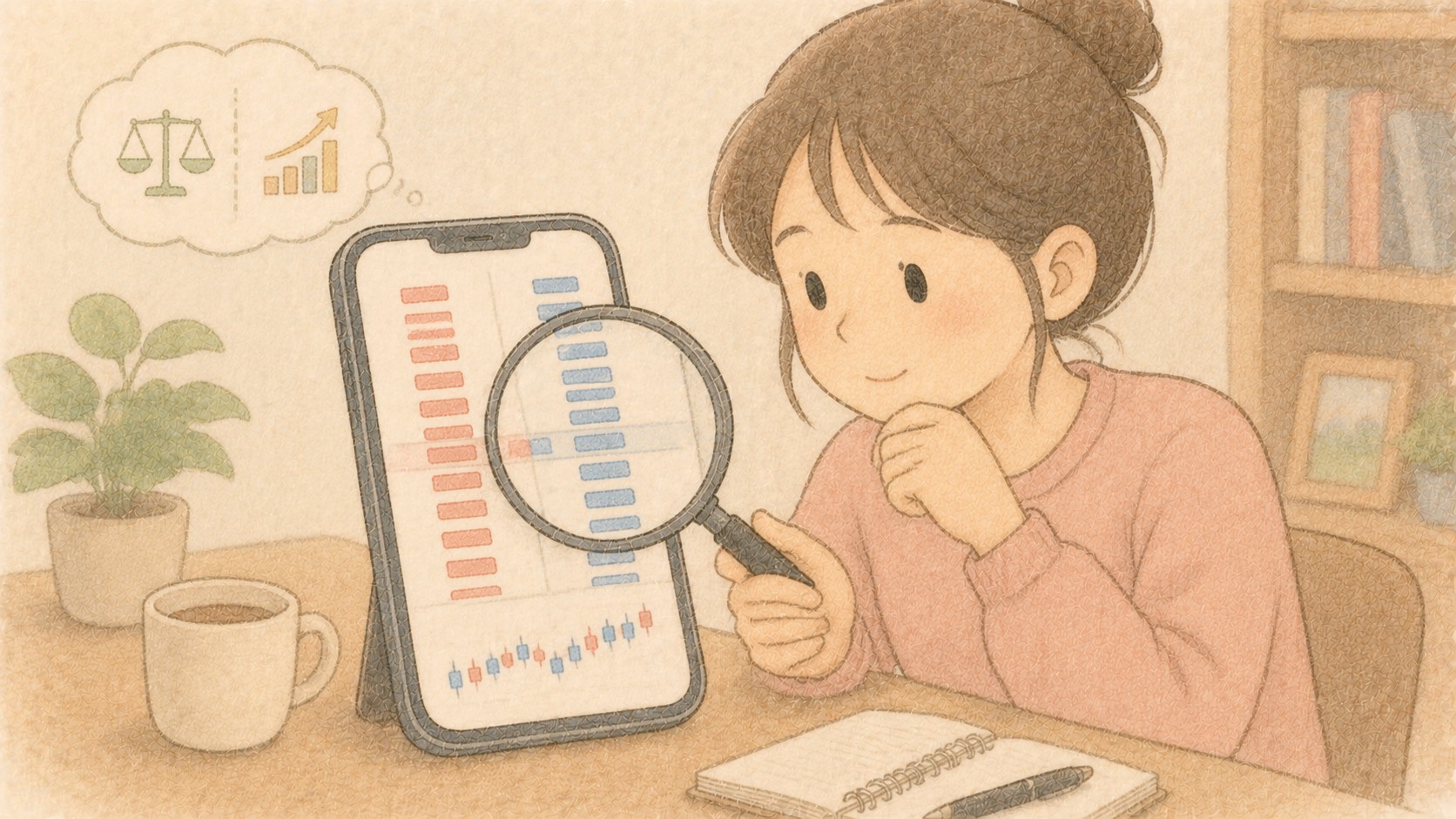 확대경으로 호가창을 차분히 관찰하는 초보 투자자 일러스트