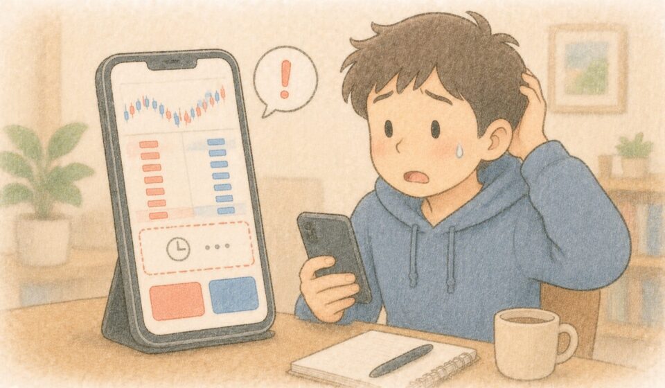 지정가 주문이 바로 체결되지 않아 당황한 초보 투자자 일러스트