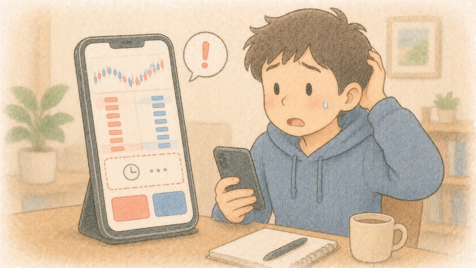 지정가 주문이 바로 체결되지 않아 당황한 초보 투자자 일러스트