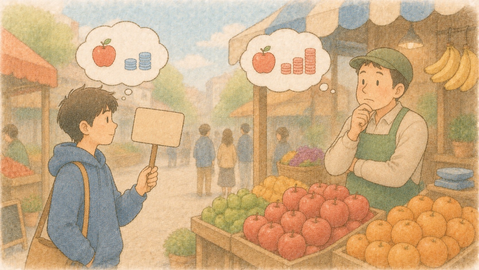 손님과 과일 장수가 서로 다른 가격을 생각하는 시장 일러스트