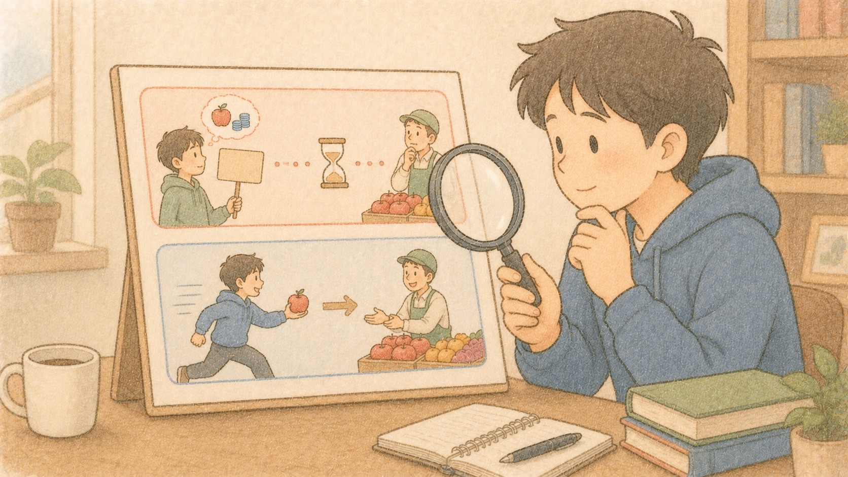주문 방식을 돋보기로 차분히 살펴보는 초보 투자자 일러스트