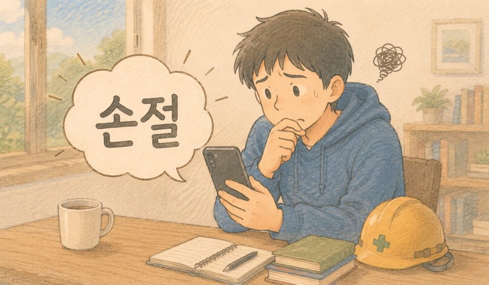스마트폰을 보며 손절을 고민하는 초보 투자자 일러스트