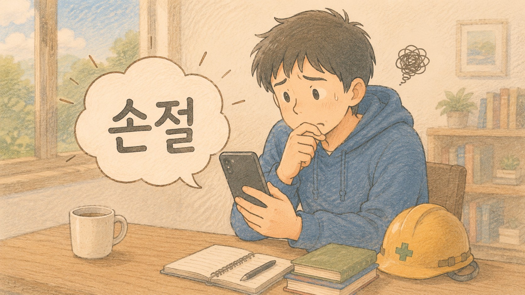 스마트폰을 보며 손절을 고민하는 초보 투자자 일러스트
