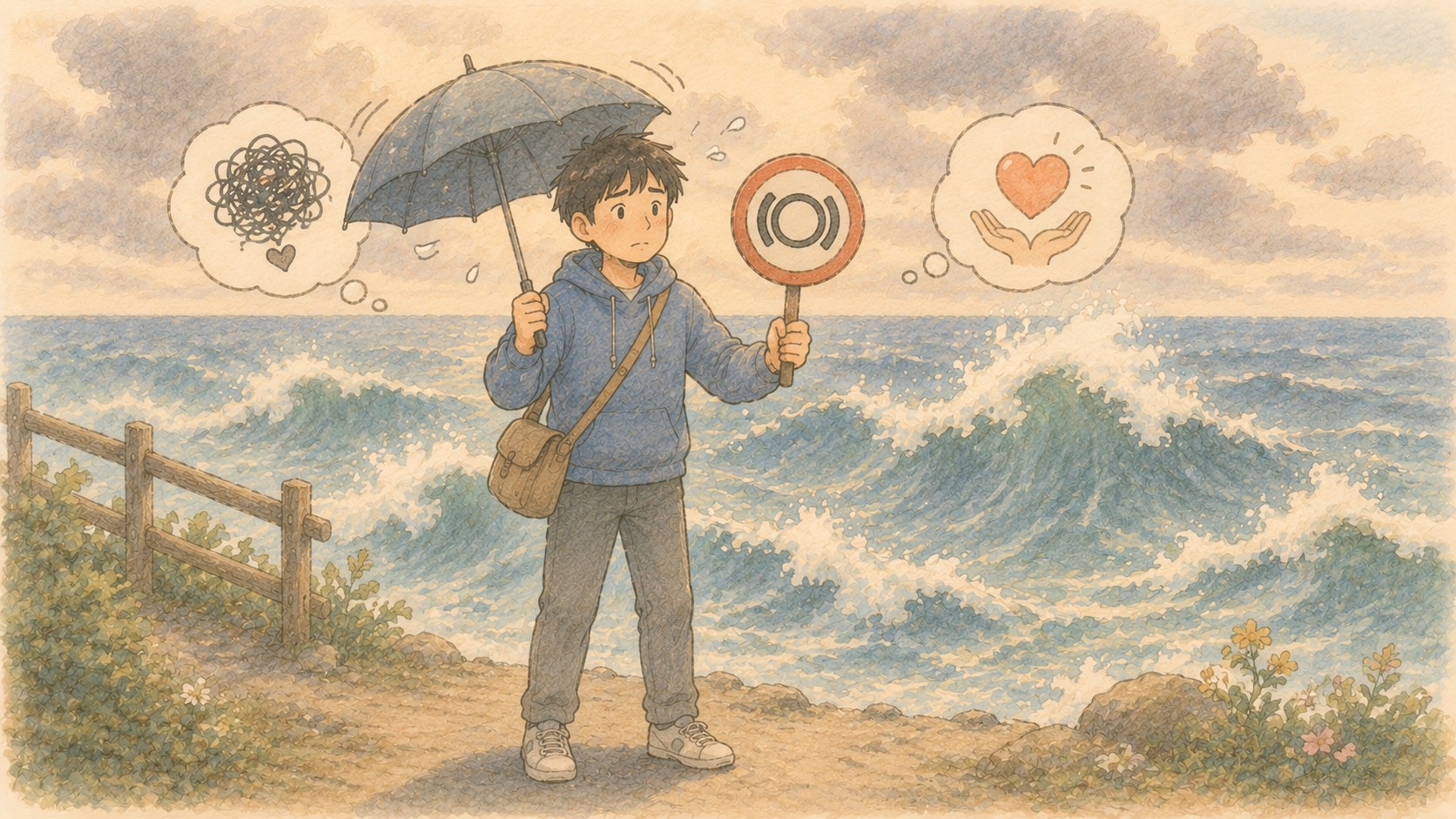 거친 바다 앞에서 불안과 보호 사이를 고민하는 초보 투자자 일러스트