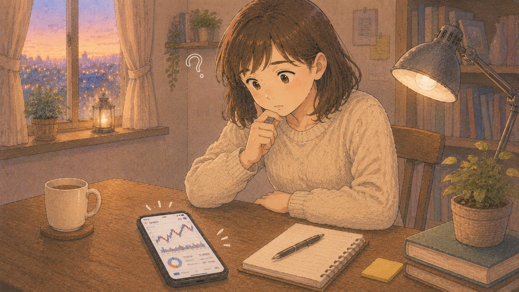 스마트폰 주식 앱 화면을 보며 거래대금을 궁금해하는 초보 투자자 일러스트