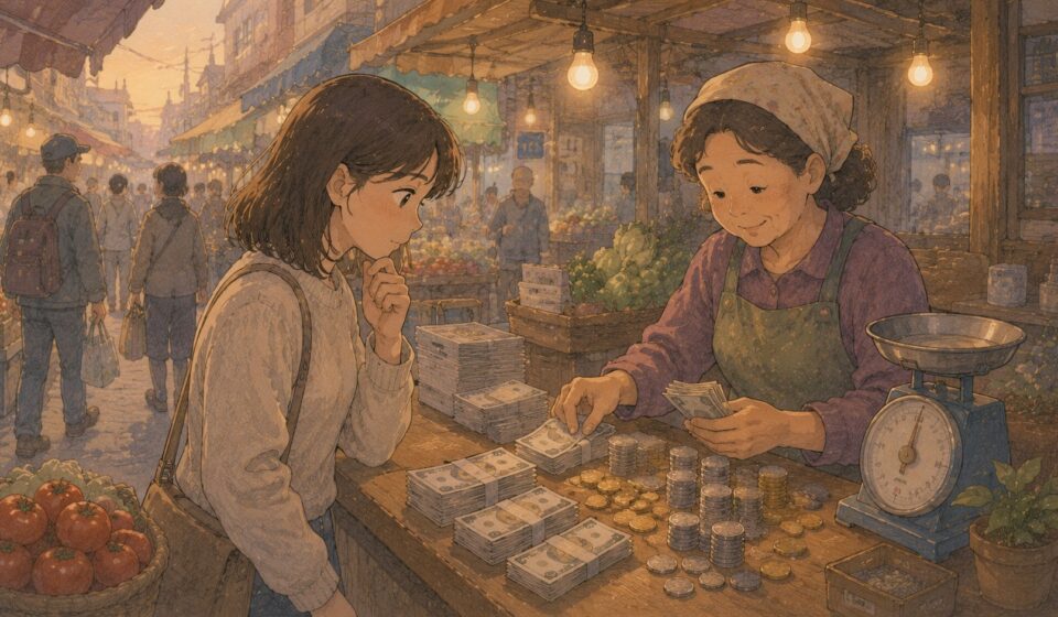 시장 골목 계산대에서 지폐와 동전이 오가는 모습을 보여주는 일러스트