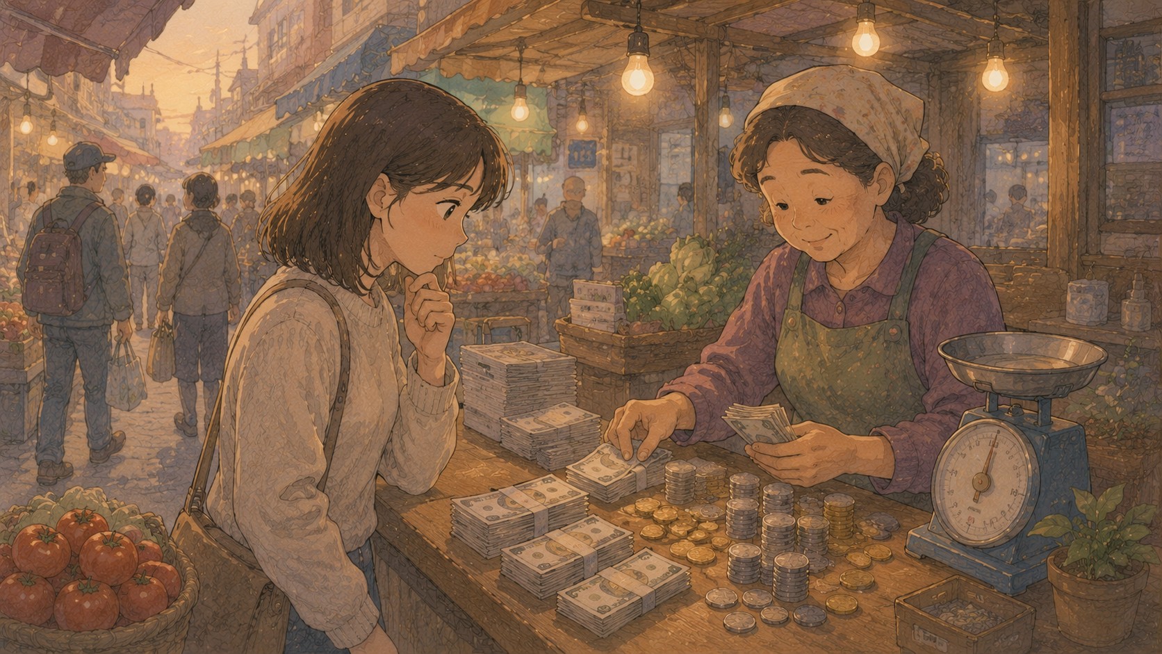 시장 골목 계산대에서 지폐와 동전이 오가는 모습을 보여주는 일러스트