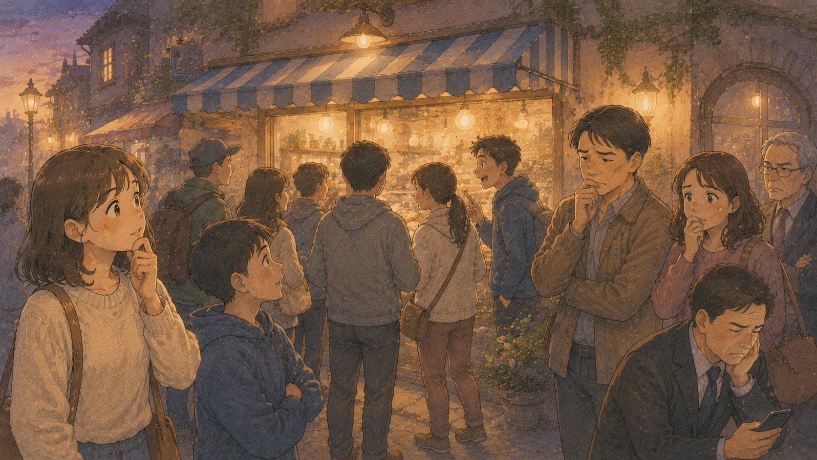 가게 앞에 다양한 표정의 사람들이 모여 관심이 항상 긍정 신호는 아님을 보여주는 일러스트