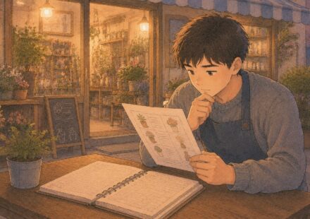 가게의 가격표와 장부를 함께 살펴보는 초보 투자자 일러스트