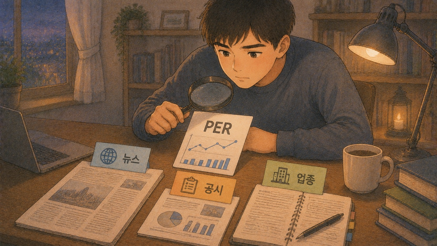 PER 자료를 돋보기로 보며 뉴스와 공시, 업종 메모를 함께 확인하는 일러스트