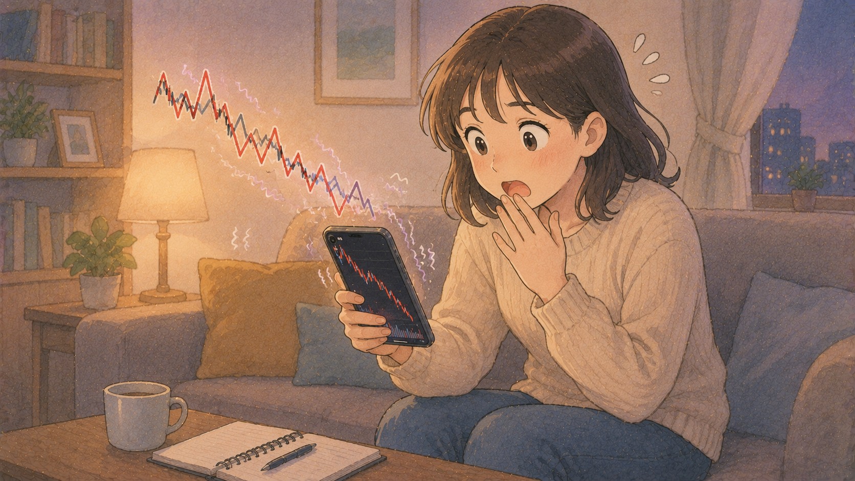 주가 하락 차트를 보며 놀란 초보 투자자의 모습, 변동성으로 인한 투자 심리를 표현한 일러스트