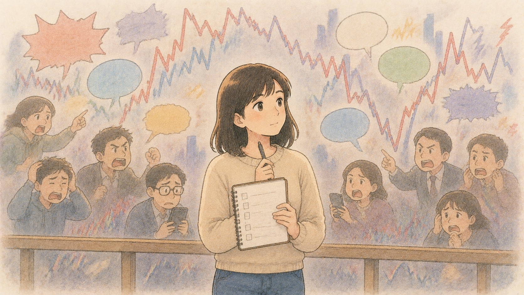 시장 소음과 말풍선 속에서 체크리스트를 들고 차분히 생각하는 초보 투자자 일러스트