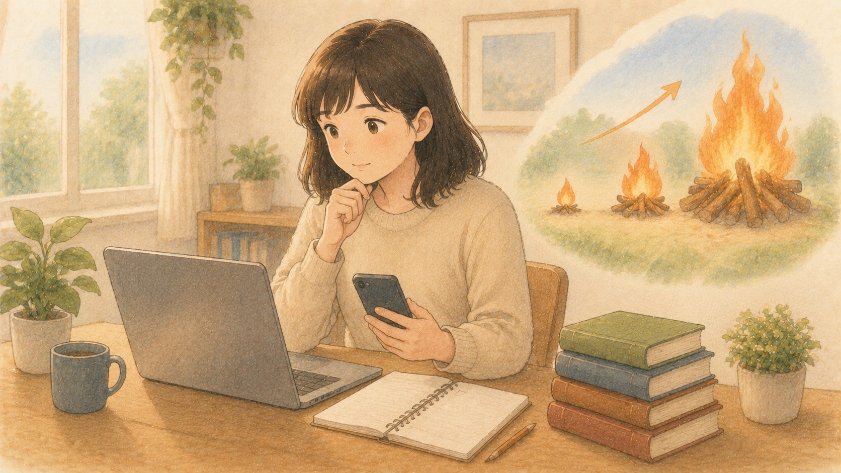 온라인 투자 정보를 살펴보는 초보 투자자와 밈주식 열풍을 상징하는 불꽃, 상승 화살표 일러스트