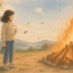 큰 모닥불 앞에서 한 걸음 떨어져 바라보는 초보 투자자 일러스트