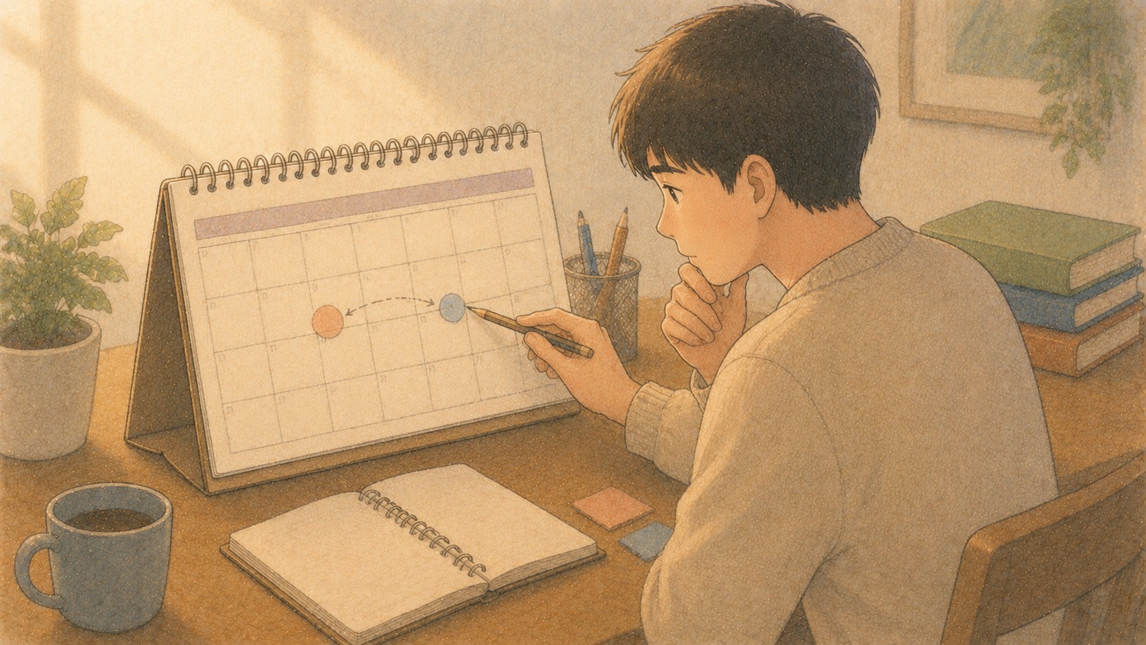 달력 위에서 배당 기준일과 배당락일의 흐름을 확인하는 일러스트