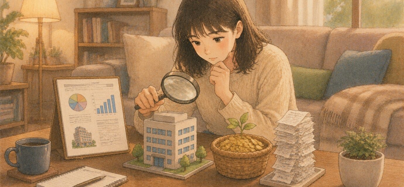 회사 모형과 수익 자료를 돋보기로 살펴보는 초보 투자자 일러스트
