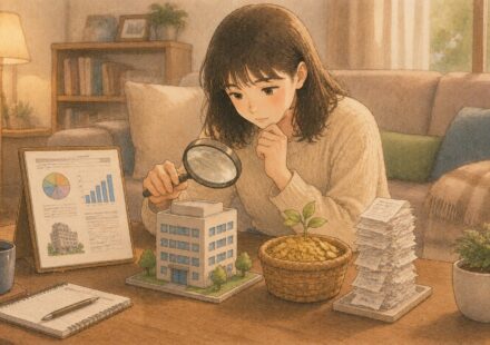 회사 모형과 수익 자료를 돋보기로 살펴보는 초보 투자자 일러스트
