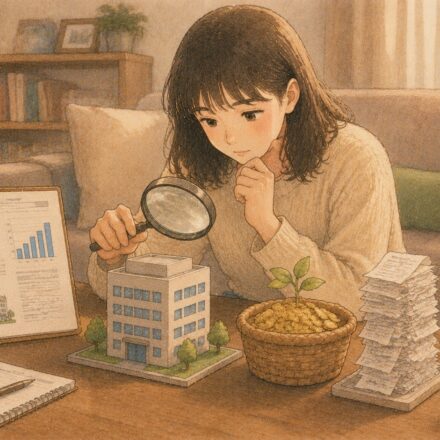 회사 모형과 수익 자료를 돋보기로 살펴보는 초보 투자자 일러스트