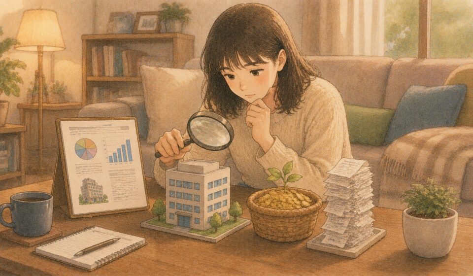 회사 모형과 수익 자료를 돋보기로 살펴보는 초보 투자자 일러스트