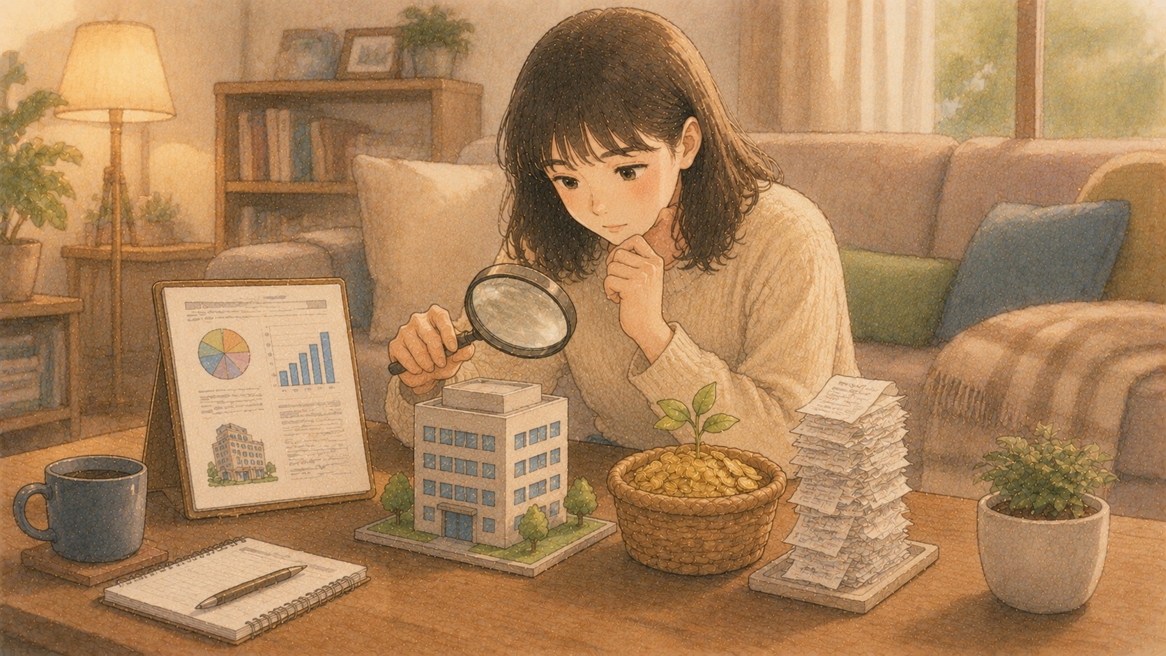 회사 모형과 수익 자료를 돋보기로 살펴보는 초보 투자자 일러스트