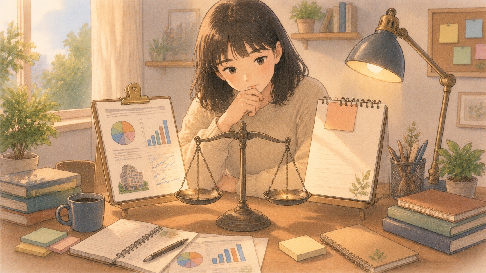 실적 자료와 기대치를 저울처럼 비교하는 초보 투자자 일러스트