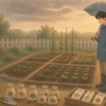 분할매수는 흔들림을 줄이는 약속입니다 우산을 들고 비 오는 정원을 바라보며 분할매수 원칙을 떠올리는 일러스트