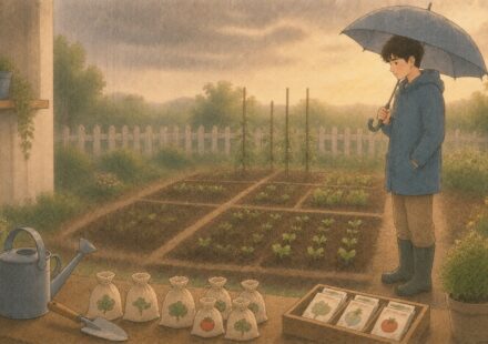 우산을 들고 비 오는 정원을 바라보며 분할매수 원칙을 떠올리는 일러스트
