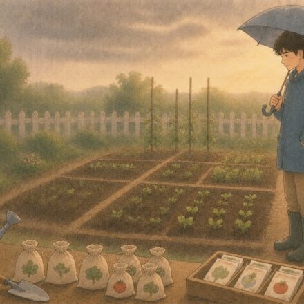 우산을 들고 비 오는 정원을 바라보며 분할매수 원칙을 떠올리는 일러스트