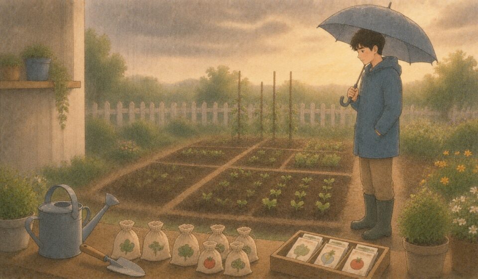우산을 들고 비 오는 정원을 바라보며 분할매수 원칙을 떠올리는 일러스트
