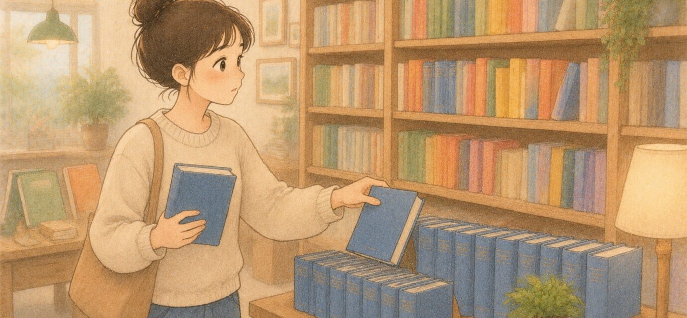 서점에서 익숙한 색의 책을 반복해서 고르는 초보 투자자