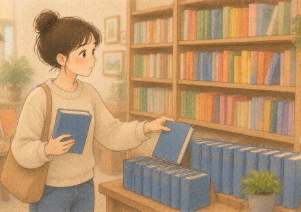 서점에서 익숙한 색의 책을 반복해서 고르는 초보 투자자