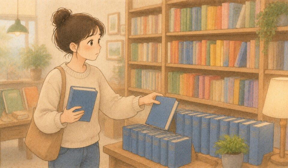 서점에서 익숙한 색의 책을 반복해서 고르는 초보 투자자