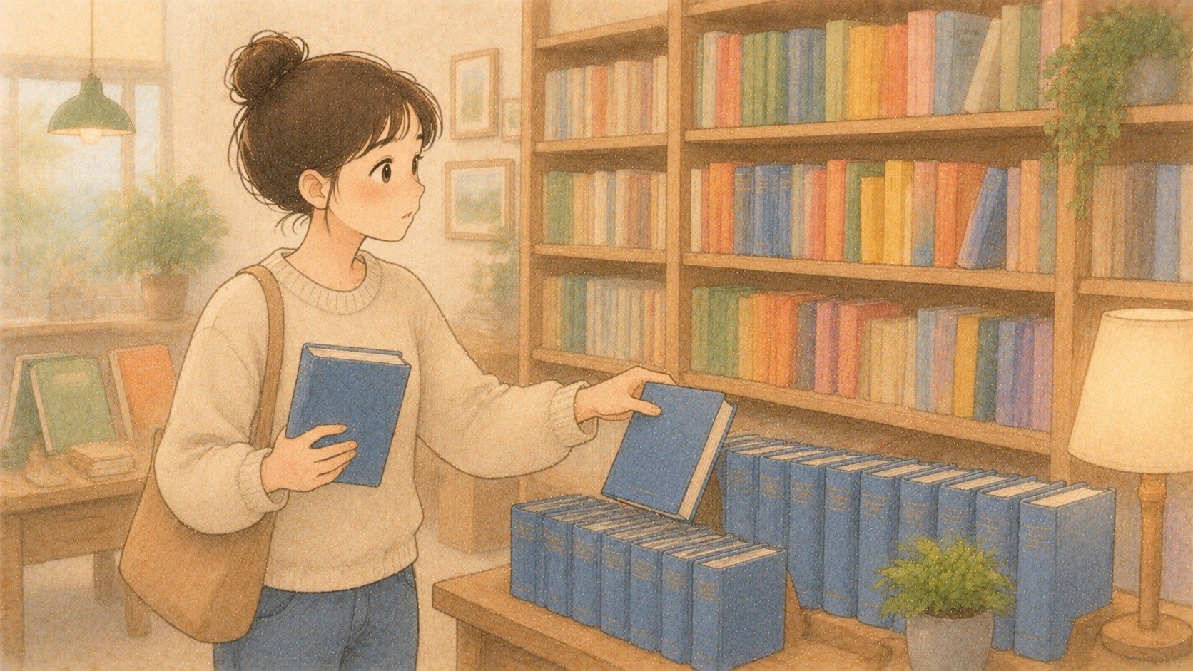 서점에서 익숙한 색의 책을 반복해서 고르는 초보 투자자