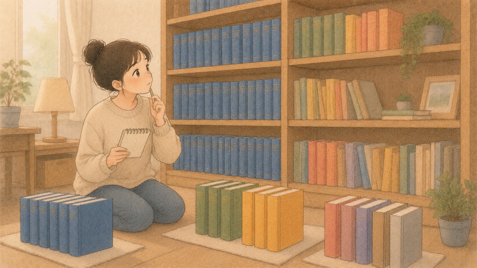 책장 앞에서 같은 색 책과 다양한 색 책을 나누어 살펴보는 초보 투자자