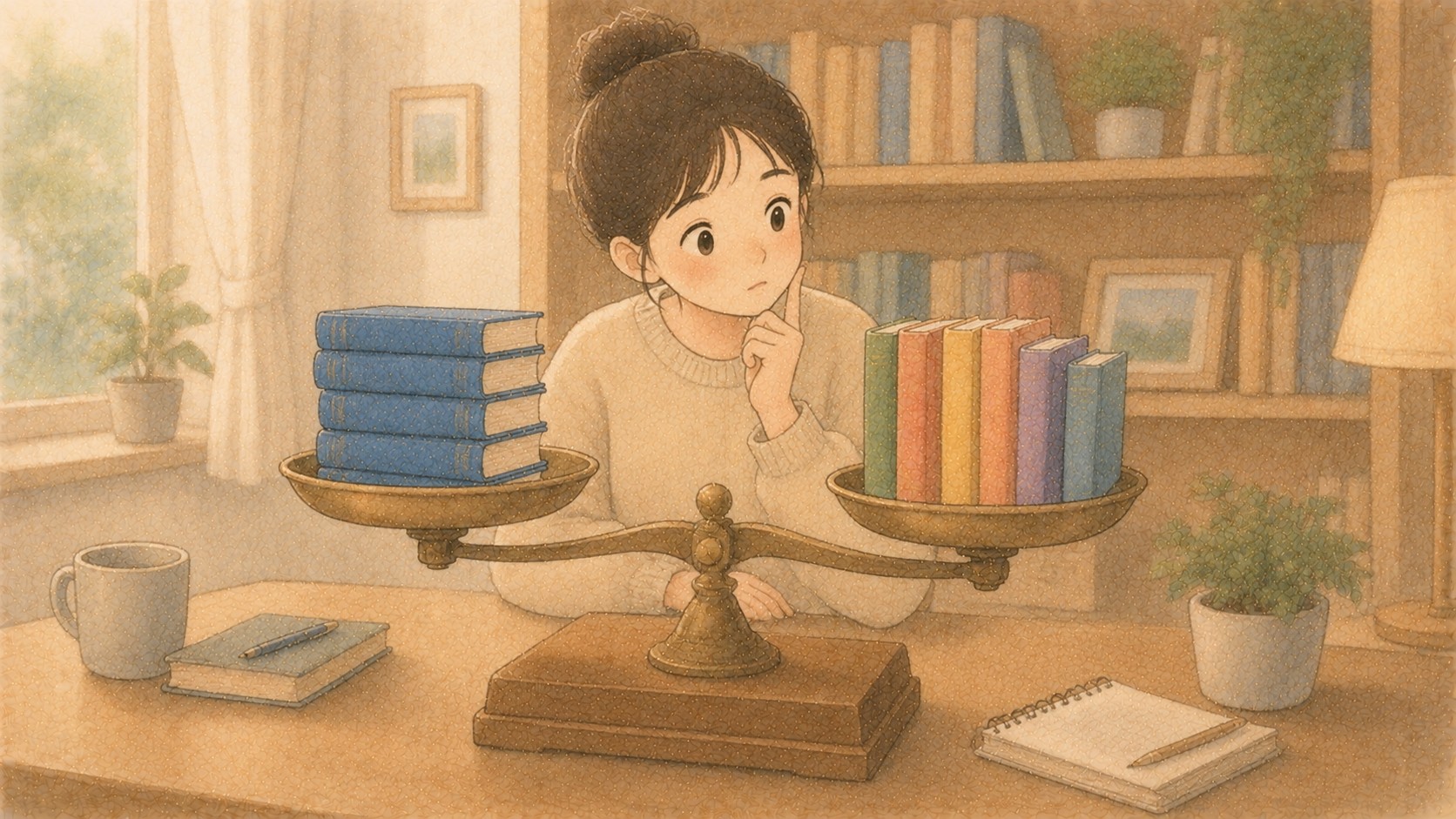 저울 위의 같은 색 책과 여러 색 책을 비교하며 균형을 생각하는 초보 투자자