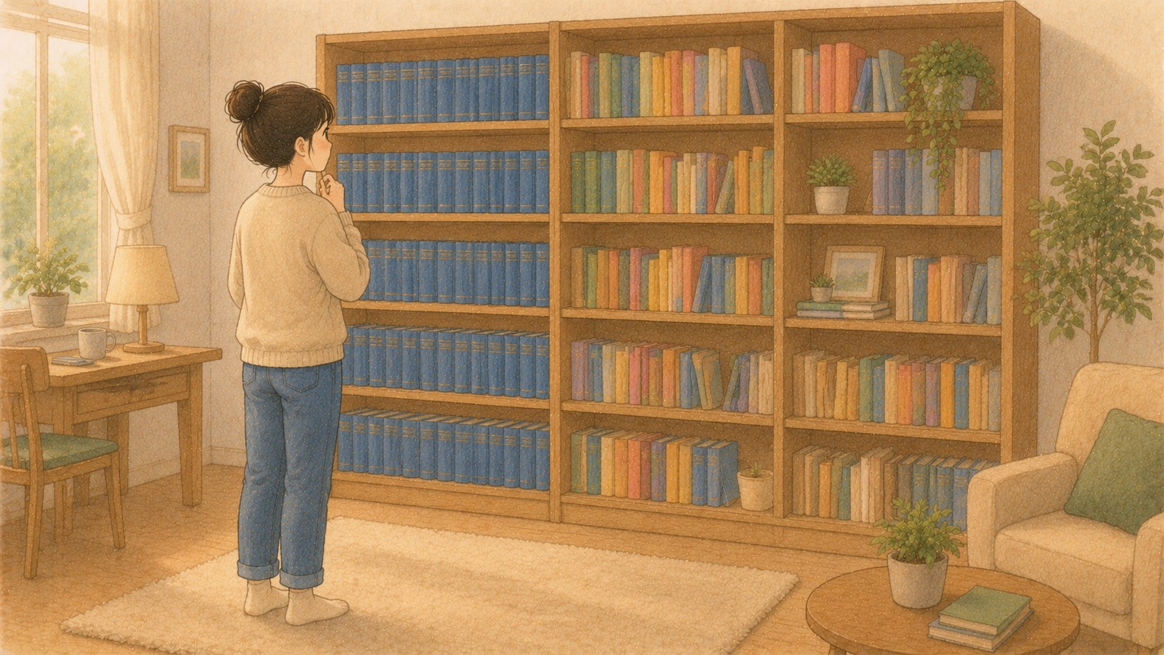 한 걸음 떨어져 책장 전체 구성을 바라보며 포트폴리오 균형을 점검하는 초보 투자자